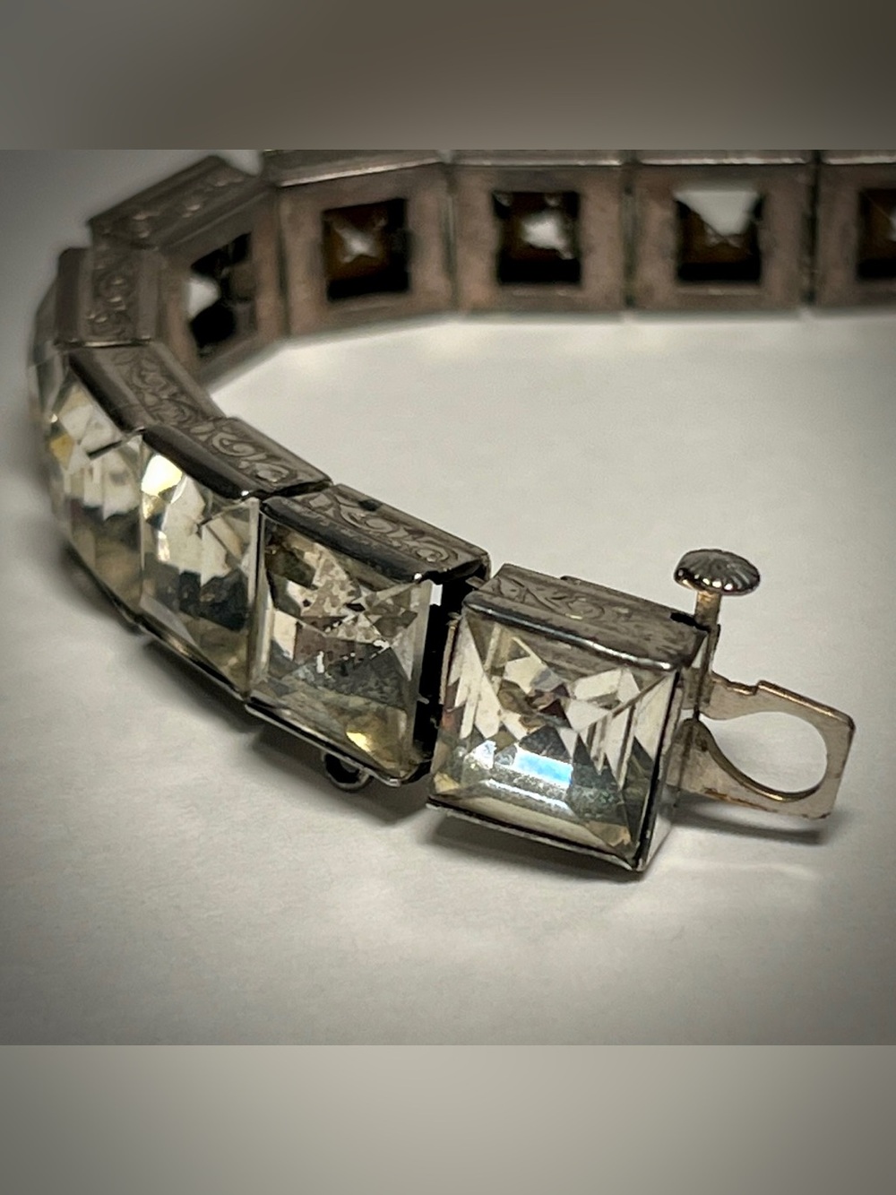 Estate Heirloom 1930s Sterling Silver Square-Cut Rhinestone Bracelet